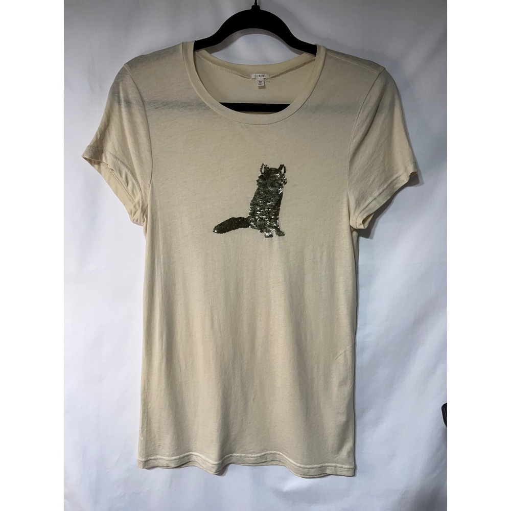J.Crew Womens T-Shirt Medium Ivory Tan Sequin‎ Cat Graphic Tee Top